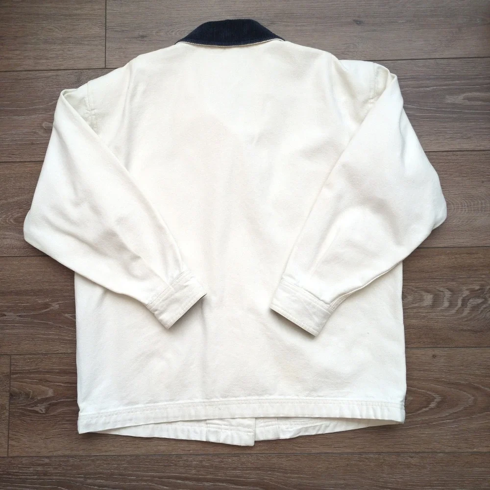 Vtg 90s Ruff Hewn Barn Chore Jacket White Canvas Corduroy Collar Workwear Large